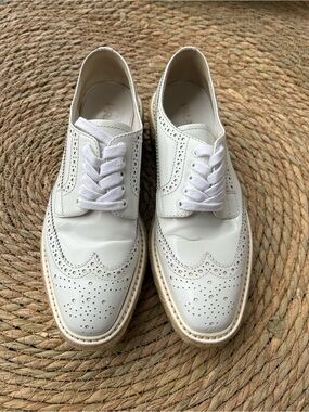 🚩steal Prada White Leather Women's Brogue Derby Oxfords